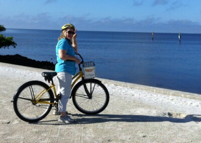 biking and paused at the water.