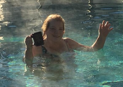 Virginia with coffee in pool (2020)